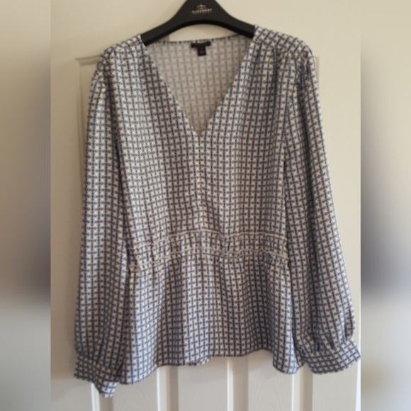Ann Taylor Tops - Ann Taylor peplum blouse- chain print taupe and slate blue size xl.